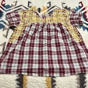 Layerz Lark Plaid Top Size Large, Maroon Plaid with Yellow Embroidery